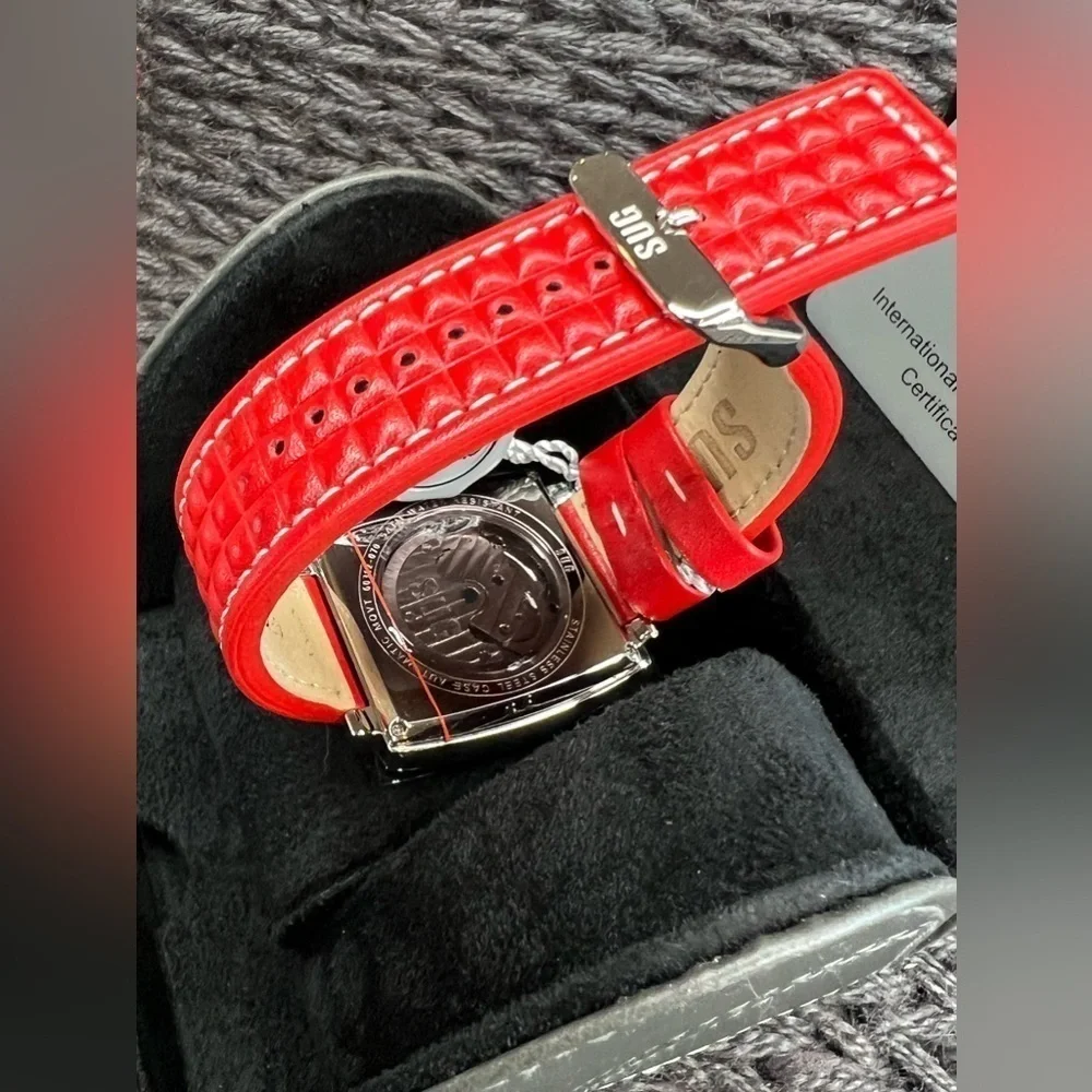 T006. SUG Red Automatic Mens Watch, Leather Strap. Pristine Condition